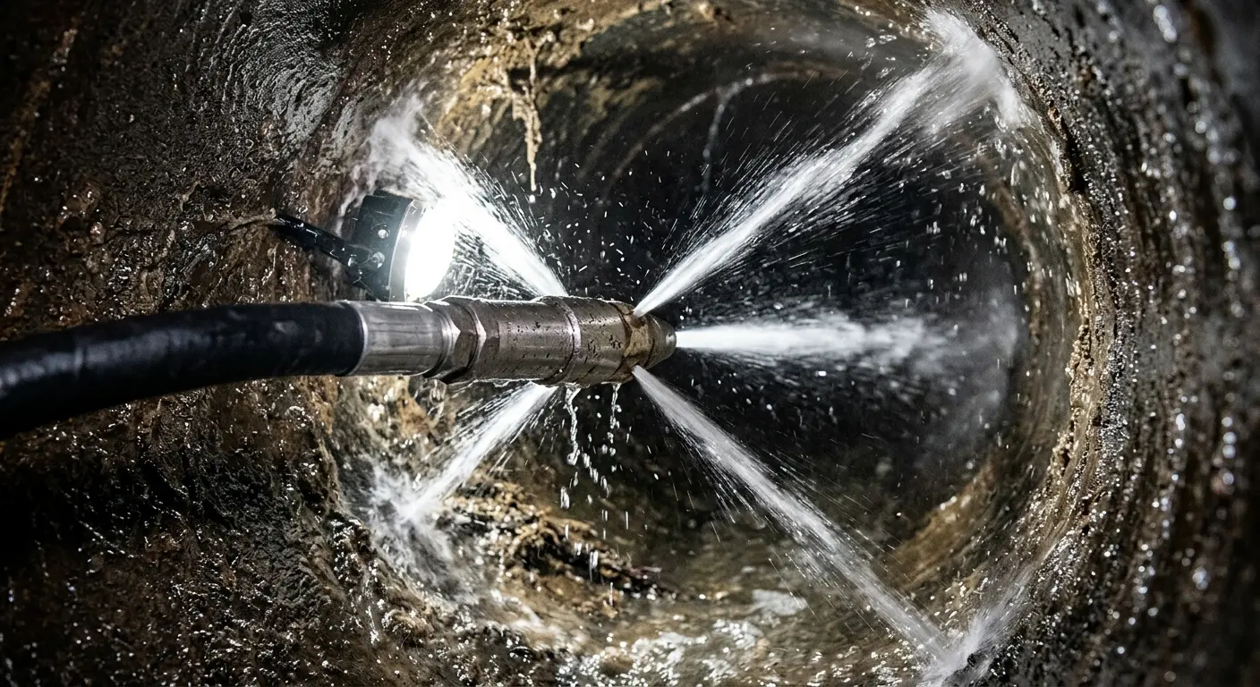 High-pressure hydro jetting nozzle cleaning sewer pipe for Trenchless Sewer Repair in Lantana